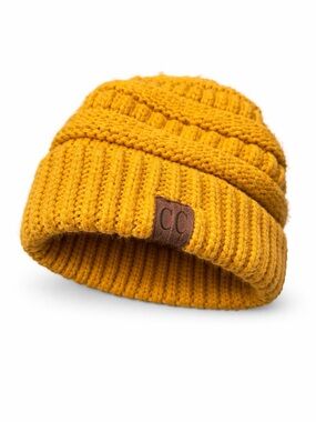 CHANEL Kids Mustard Knit Cuffed Beanie with Logo Patch